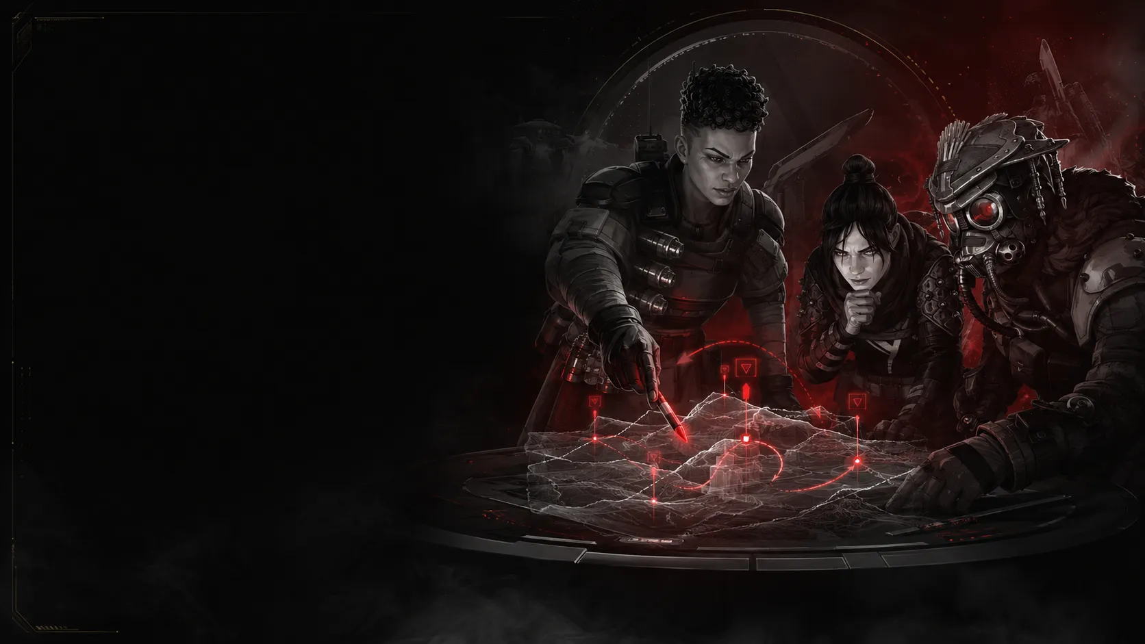 Escena de Apex Legends: tres personajes trazan una ruta sobre un mapa táctico iluminado en rojo